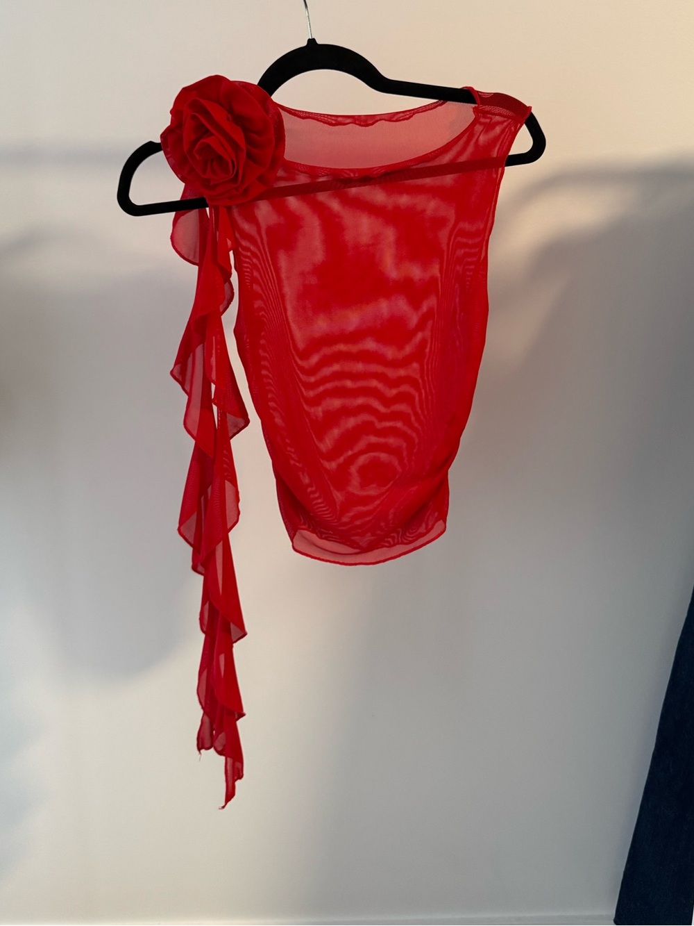 Red One-Shoulder Flower Accent Mesh Top